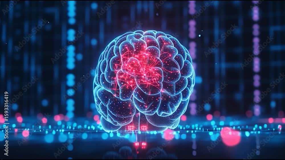 Poster a glowing digital brain with interconnected neural networks, set against a futuristic, high-tech bac