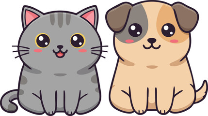 Fototapeta premium Cute cartoon gray cat and beige dog sitting side by side illustration for pet lovers and animal themes 