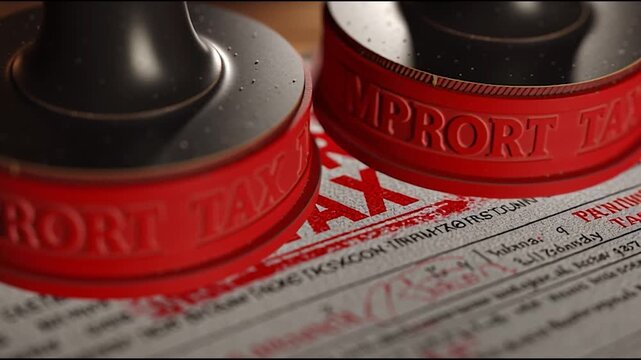 A document with a bold red "IMPORT TAX" stamp is shown in close-up, highlighting official taxation or customs processing.