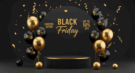 Exclusive Black Friday Sale Celebrate savings with special deals and discounts on decorative gold balloons, stage and confetti background.