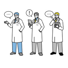 表情豊かな医師たちのイラストセット（考える・説明する・驚く）