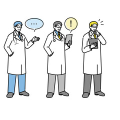 医療チームのやり取りを描いた医師イラストセット（吹き出し付き）