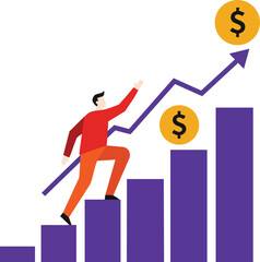 Business growth concept with man climbing purple bar chart and rising dollar signs vector illustration 