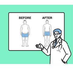 ダイエット結果を解説する医師のイラスト（ビフォーアフター図）