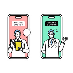 スマホ画面の中で診察するオンライン医師のイラストセット