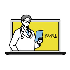 ノートPC画面に映るオンライン医師のイラスト（遠隔診療）