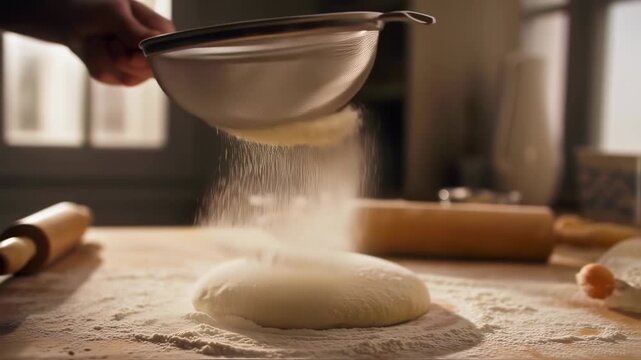 Preparation dough for baking, sifting flour, hands making dough, bakery concept