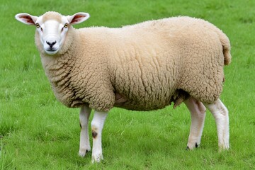 Fototapeta premium Fluffy Sheep in Green Pasture, Farm Animal, Wool