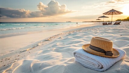 Beach vacation essentials: hat and towel on white sand beach with ocean view at sunset travel photo