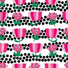 A beautiful seamless pattern featuring abstract pink flowers with polka dots. Ideal for textiles, wallpapers, gift wraps and digital design. Modern, soft and feminine aesthetic. 