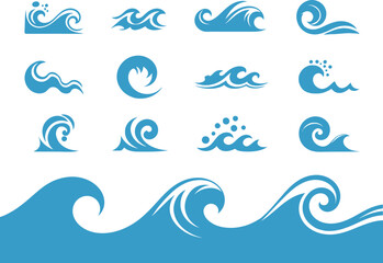 A collection of stylized blue water waves in various shapes and sizes on a white background
