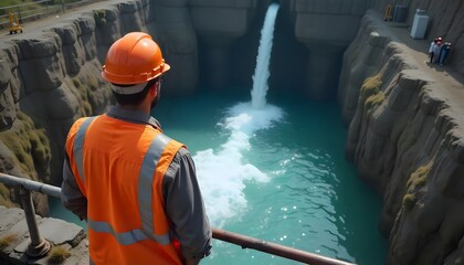 Water treatment plant worker monitors wastewater flowing into basin. Engineer in orange helmet, vest observes water purification process. Environmental tech, industry, created with generative ai