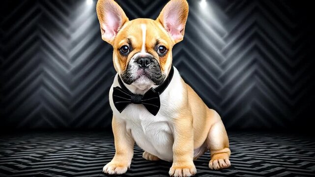 Adorable French Bulldog puppy in a bow tie, sitting on a dark patterned floor.