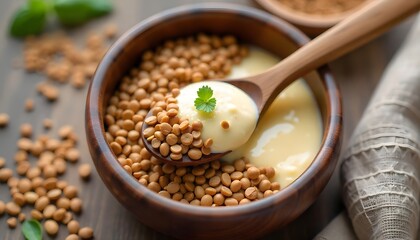 Wooden Spoon Resting on Bowl of Flax Seeds and Creamy Mixture, healthy diet concept, created with generative ai