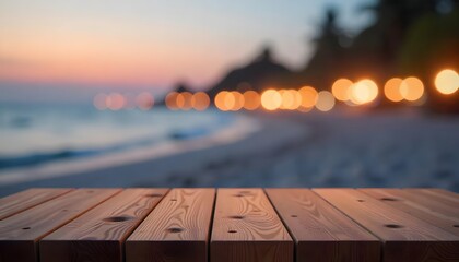 Wooden table top product display stage on blurred beach background in evening. mockup display,. Empty desk for product placement. Promote cosmetic products, created with generative ai
