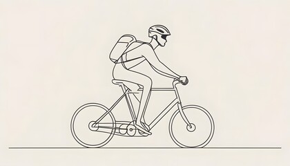 Kids drawing book,  A rider wearing a helmet and backpack is depicted cycling in a minimalist, continuous line style, coloring book for kids, created with generative ai