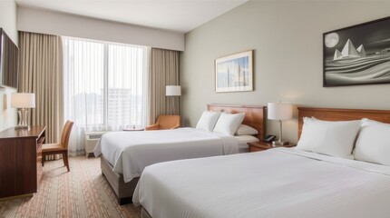 Hotel Room Ambiance: A well-lit hotel room, showcasing two inviting beds with pristine white linens, alongside a writing desk, a cozy chair, and stylish wall art.
