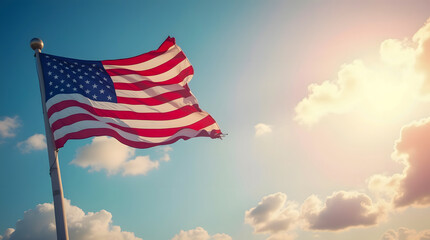 American flag waving in sunny sky, symbol of patriotism and freedom