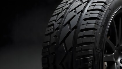 Black car wheel tire alloy design deep tread pattern. Automotive industry auto parts for transport, service, race, shop, or garage. Modern automobile wheels for road speed, created with generative ai