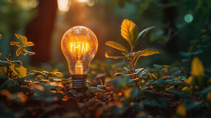 Illuminating ideas, where an illuminated light bulb and a plant create a concept of nature and innovation.