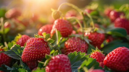 Sun-kissed Strawberries: A bountiful harvest of ripe, red berries nestled among vibrant green leaves.