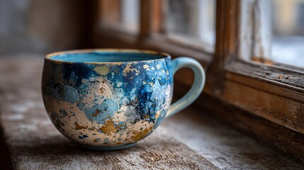 Fototapeta premium Decorative ceramic mug by window