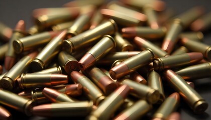 a large jumbled pile of silver and gold rifle ammunition cartridges, act of terrorism / killing / genocide / mass murder / shooting against civilians and muslims for ethnic, created with generative ai