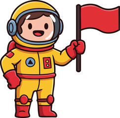 Fototapeta premium Child astronaut in yellow spacesuit holding red flag vector illustration for kids space exploration theme 