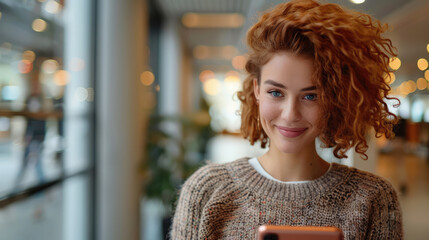 Portrait of a smiling woman with red curly hair using a smartphone indoors, bathed in soft, blurred light.