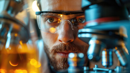 Obraz premium Scientist Examining Sample Under Microscope With Focus and Precision in Science Laboratory Setting.