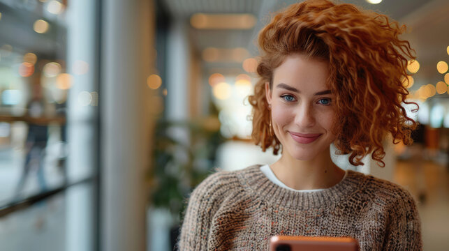 Portrait of a smiling woman with red curly hair using a smartphone indoors, bathed in soft, blurred light.