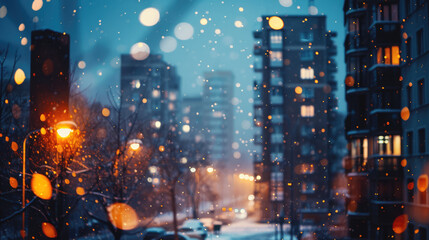 Winter city street illuminated by warm lights amidst a flurry of snowflakes, creating a cozy atmosphere.