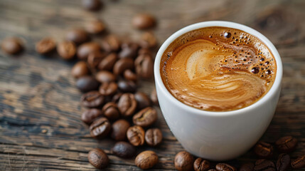 Aromatic coffee artfully presented with roasted beans on a rustic wooden surface for a delightful experience