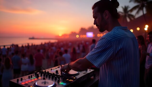 Dj mixing music outdoor beach party festival during sunset. Deejay plays music with crowd of dancing people. Nightlife fun entertainment, vacation summer concert rave event. created with generative ai