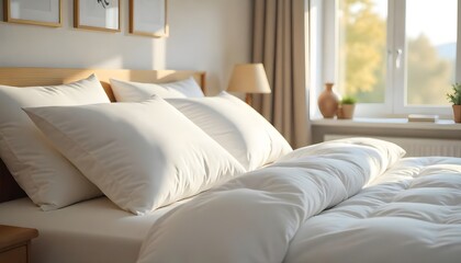 Cozy bedroom interior features white pillows on bed with rolled duvet, creating calm atmosphere, evoking sense of relaxation. Home decor, comfort, hotel room, apartment, created with generative ai