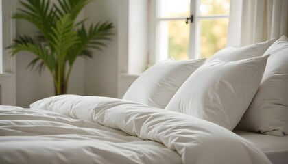 Cozy bedroom interior features white pillows on bed with rolled duvet, creating calm atmosphere, evoking sense of relaxation. Home decor, comfort, hotel room, apartment, created with generative ai