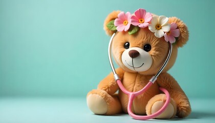 Cute stuffed bear wearing a floral headband with medical stethoscope, representing caring, recovery, pediatric care or get well soon concept, created with generative ai