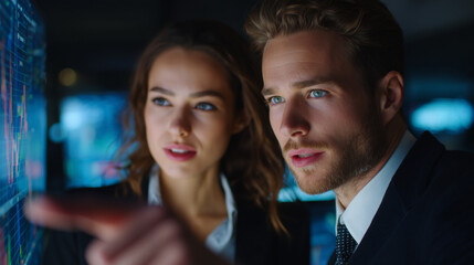 AI-generated Two professional financial business people discussing financial data