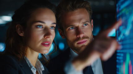 AI-generated Two professional financial business people discussing financial data