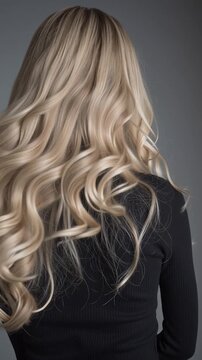 Woman with long and beautiful blonde hair with loose curls, concept of beauty and hair care