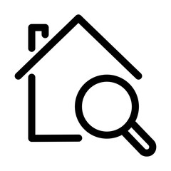 home search icon. Magnifying glass inside house.