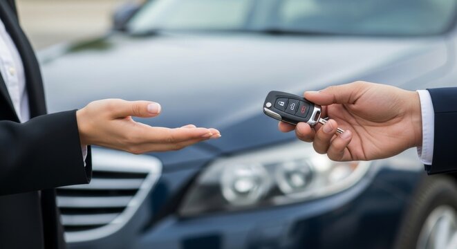 A person hands over car keys to another person in front of a car - Powered by Adobe