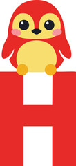 Obraz premium Cute red and yellow penguin sitting on large red letter H vector illustration for children’s alphabet learning material 
