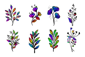 collection of eight unique floral designs. Each design features a distinct arrangement of leaves and flowers in a vibrant rainbow color palette.