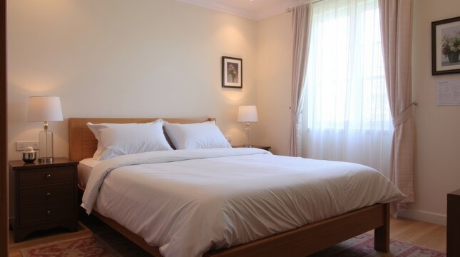 Serene Bedroom Interior: A peaceful and inviting bedroom interior, bathed in soft natural light streaming through a window, showcasing a neatly made bed and subtle design elements.