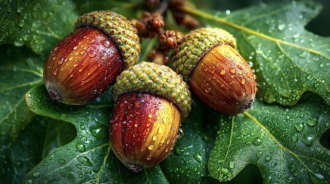 Three ripe acorns, glistening with fresh water droplets, resting on vibrant green oak leaves, create a captivating autumnal scene filled with natural beauty and tranquility