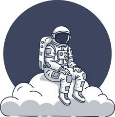 Fototapeta premium Astronaut sitting on cloud with dark circle background space exploration vector illustration calm and imaginative scene 