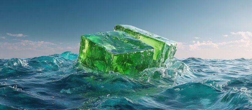 Green gelatin cubes bobbing on ocean waves