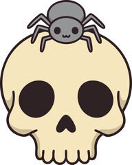 Skull with cute spider sitting on top simple vector illustration for Halloween or spooky design elements