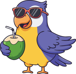 Cartoon blue and yellow bird wearing sunglasses drinking coconut water summer illustration vector 